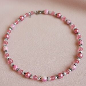 Vintage Pink Beaded Choker Necklace Y2K Glass Pearl Handmade Choker Y2K Jewelry